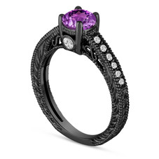 1.20 Carat Purple Amethyst Engagement Ring, Wedding Ring 14K Black Gold Vintage Antique Style Engraved Unique Certified Handmade
