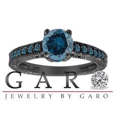 0.66 Carat Fancy Blue Diamond Wedding Ring, Engagement Ring Unique 14K Black Gold Vintage Antique Style Engraved Certified Handmade
