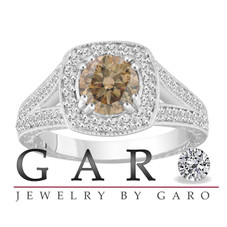1.56 Carat Champagne Diamond Engagement Ring, Vintage Antique Style Hand Engraved 14K White Gold Unique handmade