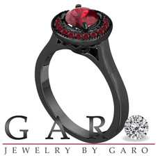 Vintage Style Garnet Engagement Ring, 1.20 Carat Wedding Ring 14K Black Gold Certified Pave Halo Handmade
