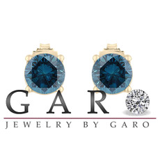 0.70 Carat Blue Diamond Stud Earrings 14K Yellow Gold Certified Handmade
