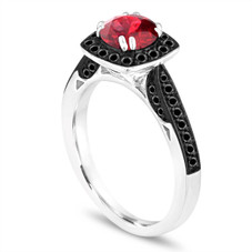 1.41 Carat Garnet Engagement Ring, With Black Diamonds Wedding Ring 14K White Gold Certified Halo Pave