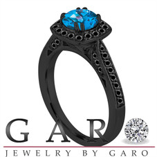 Vintage Blue Topaz Engagement Ring, Wedding Ring 14K Black Gold 1.31 Carat Certified Halo Pave
