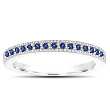 Platinum Blue Sapphire Wedding Ring, Pave Anniversary Band, Stackable Womens Ring, 0.16 Carat Handmade
