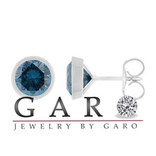 2.00 Carat Fancy Blue Diamond Stud Earrings, Bezel Set 14K White Gold Certified Handmade Unique