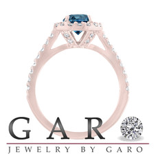Rose Gold Blue Diamond Engagement Ring, Fancy Wedding Ring 1.55 Carat Unique Halo Pave Certified Handmade
