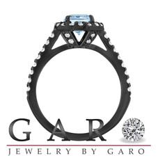 Blue Aquamarine Engagement Ring, Vintage Style Bridal Ring, Wedding Ring, 1.40 Carat 14K Black Gold Certified Halo Pave Handmade
