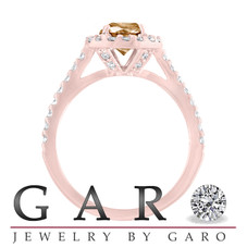 Rose Gold Champagne Diamond Halo Engagement Ring,  Bridal Ring 1.55 Carat Unique Certified Handmade