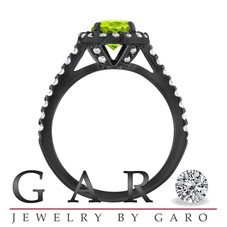 Vintage Style Peridot Engagement Ring, With Diamonds Bridal Ring, 1.54 Carat 14K Black Gold Certified Halo Pave Handmade
