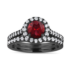 Vintage Garnet Engagement Ring Set, With Diamonds Bridal Ring Sets, Garnet Wedding Set, 14K Black Gold 2 Carat Certified Halo Pave Handmade