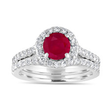 Ruby Engagement Ring Set, With Diamonds Bridal Ring Sets, Red Ruby Wedding Ring Sets, 1.83 Carat 14K White Gold Certified Halo Pave Handmade
