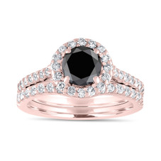 Black Diamond Halo Engagement Ring Set 14k Rose Gold 1.88 Carat Unique Pave Certified Handmade