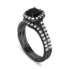 Black Diamond Engagement Ring and Wedding Band Sets, Bridal Vintage Rings, Unique 14K Black Gold 1.88 Carat Halo Certified Handmade
