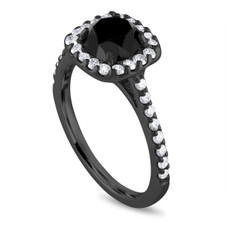 Black Diamond Engagement Ring Set, 2 Carat Vintage Cushion Cut 14K Black Gold Halo Pave Certified Handmade