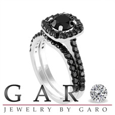 Black Diamond Engagement Ring Set, Wedding Rings Sets, 14k White Gold 2.05 Carat Unique Halo Pave Certified Handmade