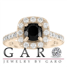 Black Diamond Engagement Ring Yellow Gold, 2.00 Carat Halo Pave Unique Handmade Certified
