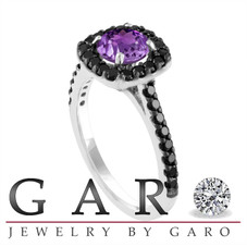 1.67 Carat Amethyst Engagement Ring, Amethyst and Black Diamonds Wedding Ring, 14K White Gold Certified Unique Halo Pave Handmade
