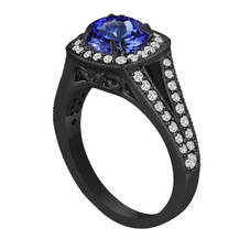 Tanzanite Engagement Ring, Vintage Diamond Engagement Ring, 14K Black Gold Unique 1.71 Carat Pave Handmade Certified
