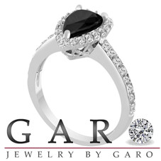 Platinum Pear Shaped Black Diamond Engagement Ring, 2 Carat Halo Pave Unique Handmade Certified
