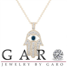 Diamond Hamsa Pendant Necklace 18K Yellow Gold, 1.00 Carat Evil Eye Necklace, Unique Handmade