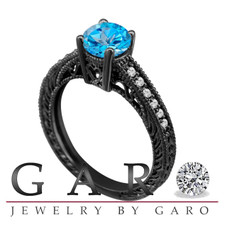 Blue Topaz & Diamond Unique Engagement Ring 14K Black Gold 1.23 Carat Antique Vintage Style Engraved Handmade Certified