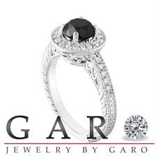 1.48 Carat Black Diamond Engagement Ring, Vintage Wedding Ring, Halo Pave 14K White Gold Certified Handmade Unique
