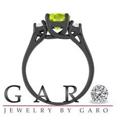 Peridot and Diamonds Engagement Ring, 1.55 Carat Vintage Peridot Wedding Ring, Three Stone Engagement Ring, 14K Black Gold Certified
