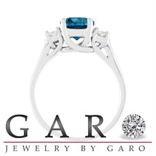 1.65 Carat Blue Diamond Engagement Ring, Three Stone Engagement Ring, 14K White Gold Certified Handmade
