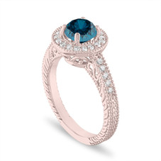 Blue Diamond Engagement Ring Rose Gold, Fancy Blue Diamond Vintage Wedding Ring, 1.29 Carat Unique Halo Pave Certified Handmade
