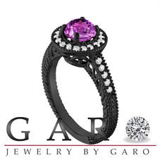 Amethyst and Diamond Halo Engagement Ring Unique Vintage 14K Black Gold 1.30 Carat Certified Handmade