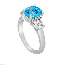 Blue Topaz and Diamonds Three-Stone Engagement Ring, Vintage Style 14k White Gold 2.30 Carat Certified Unique Handmade