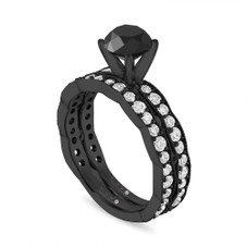 Black Diamond Engagement Ring Sets, 14k Black Gold 2.17 Carat Unique Handmade Certified