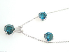 Platinum Blue Diamonds Stud Earrings And Pendant Necklace Sets 3.00 Carat Certified Handmade