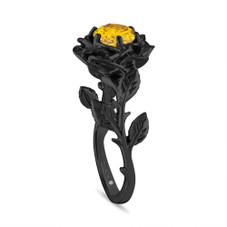 Yellow Diamond Flower Engagement Ring, Rose Floral Solitaire Ring, Unique 1.01 Carat 14K Black Gold Certified