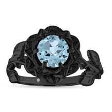 Floral Aquamarine Engagement Ring, Rose Flower Ring, Unique Leaf 1 Carat 14K Black Gold Handmade