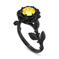 Yellow Sapphire Floral Engagement Ring, Rose Flower Ring, Unique 1.02 Carat 14K Black Gold Handmade Certified