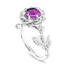 Amethyst Floral Engagement Ring, Rose Flower Anniversary Ring, Unique Leaf 14K White Gold Handmade Certified