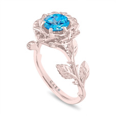 1.08 Carat Blue Topaz Floral Engagement Ring, Rose Flower Unique Anniversary Ring, 14K White Gold, Rose Gold