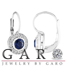 Lever Back Sapphire Earrings, Diamonds Drop Earrings, Dangle Earrings, 14K White Gold, 0.92 Carat Micro Pave Handmade