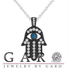 Large Hamsa Diamond Necklace, Evil Eye Pendant, Vintage Style 14K Black Gold 1.70 Carat Unique Handmade