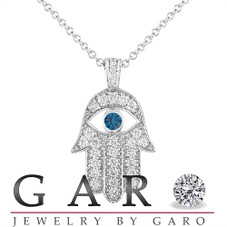 Platinum Large Hamsa Diamond Necklace, Evil Eye Pendant, 1.70 Carat Unique Handmade Certified