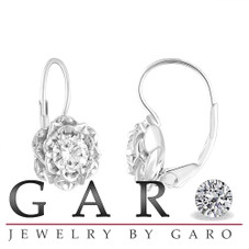 Lever Back Diamond Floral Earrings, Rose Flower Earrings, GIA Certified 1.00 Carat Unique 14K White Gold Handmade