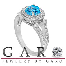 Blue Topaz Unique Engagement Ring 1.52 Carat 14K Rose Gold or White Gold Halo Handmade Certified