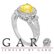 Yellow Sapphire Engagement Ring Unique Halo 14K White Gold 1.50 Carat Certified Handmade