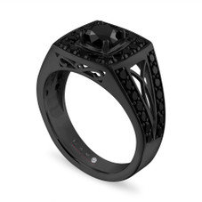 2.85 Carat Black Diamond Mens Ring, Unique Halo Wedding Ring Vintage 14K Black Gold Handmade Certified