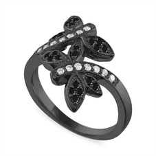 Black Diamond Butterfly Anniversary Ring, 14K Black Gold Vintage Style 0.40 Carat Pave Unique Handmade