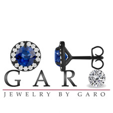 1.22 Carat Sapphire and Diamond Halo Earrings 14K Black Gold Vintage Style Handmade Certified