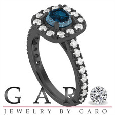 1.92 Carat Blue Diamond Halo Engagement Ring, 14k Black Gold Vintage Style Unique Handmade Certified