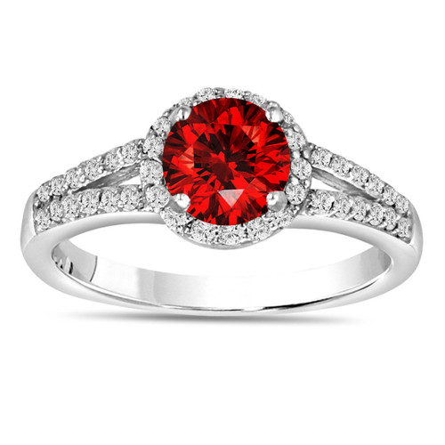 1.00 Carat Fancy Red Diamond Engagement Ring 14K White Gold Halo Pave
