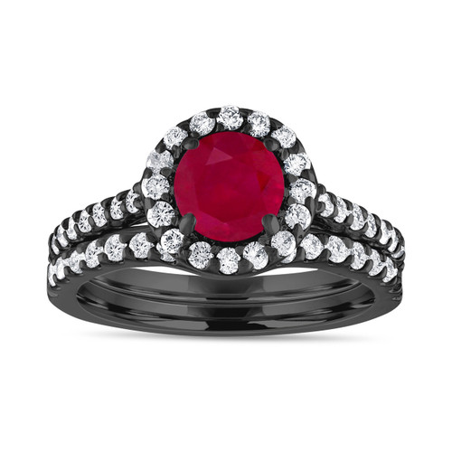 Vintage Ruby Engagement Ring Set, & Diamonds Bridal Ring Sets, Ruby
